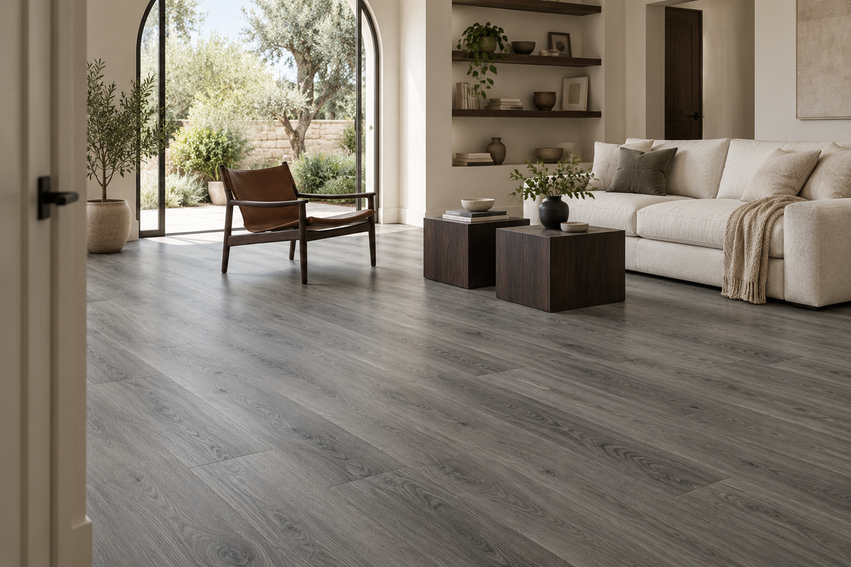 Wild Truffle SPC Vinyl Flooring — TFSPC502-F — daytime living room. AI interior visualization based on original supplier finish photos.