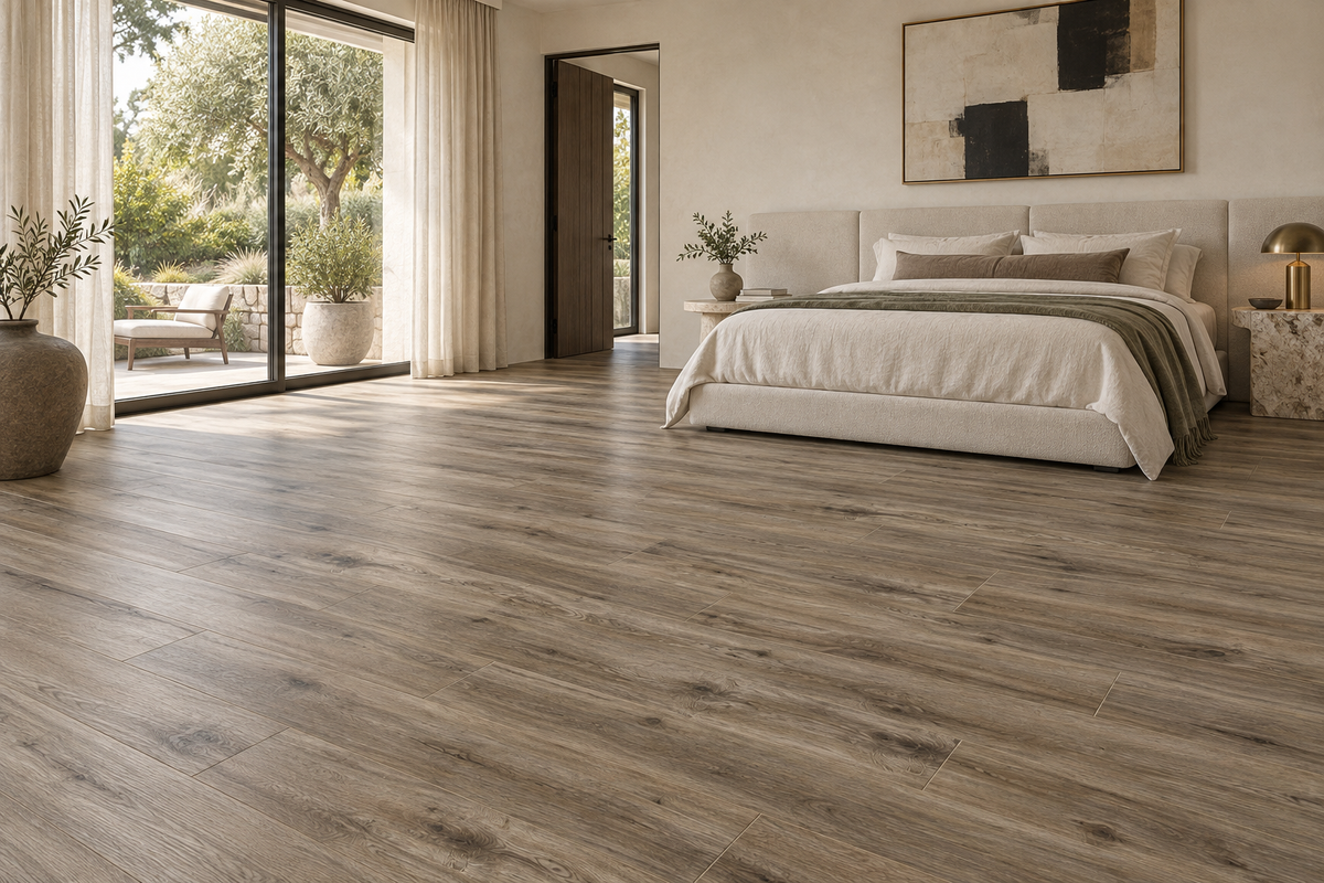 Treehouse SPC Vinyl Flooring — TFSPC505-F — daytime bedroom. AI interior visualization based on original supplier finish photos.
