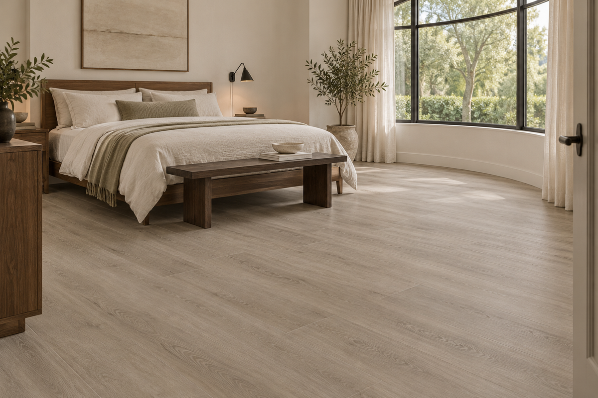 French Grey SPC Vinyl Flooring — TFSPC507-F — daytime bedroom. AI interior visualization based on original supplier finish photos.