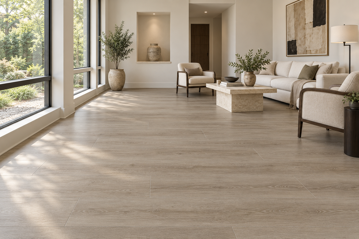 French Grey SPC Vinyl Flooring — TFSPC507-F — daytime living room. AI interior visualization based on original supplier finish photos.