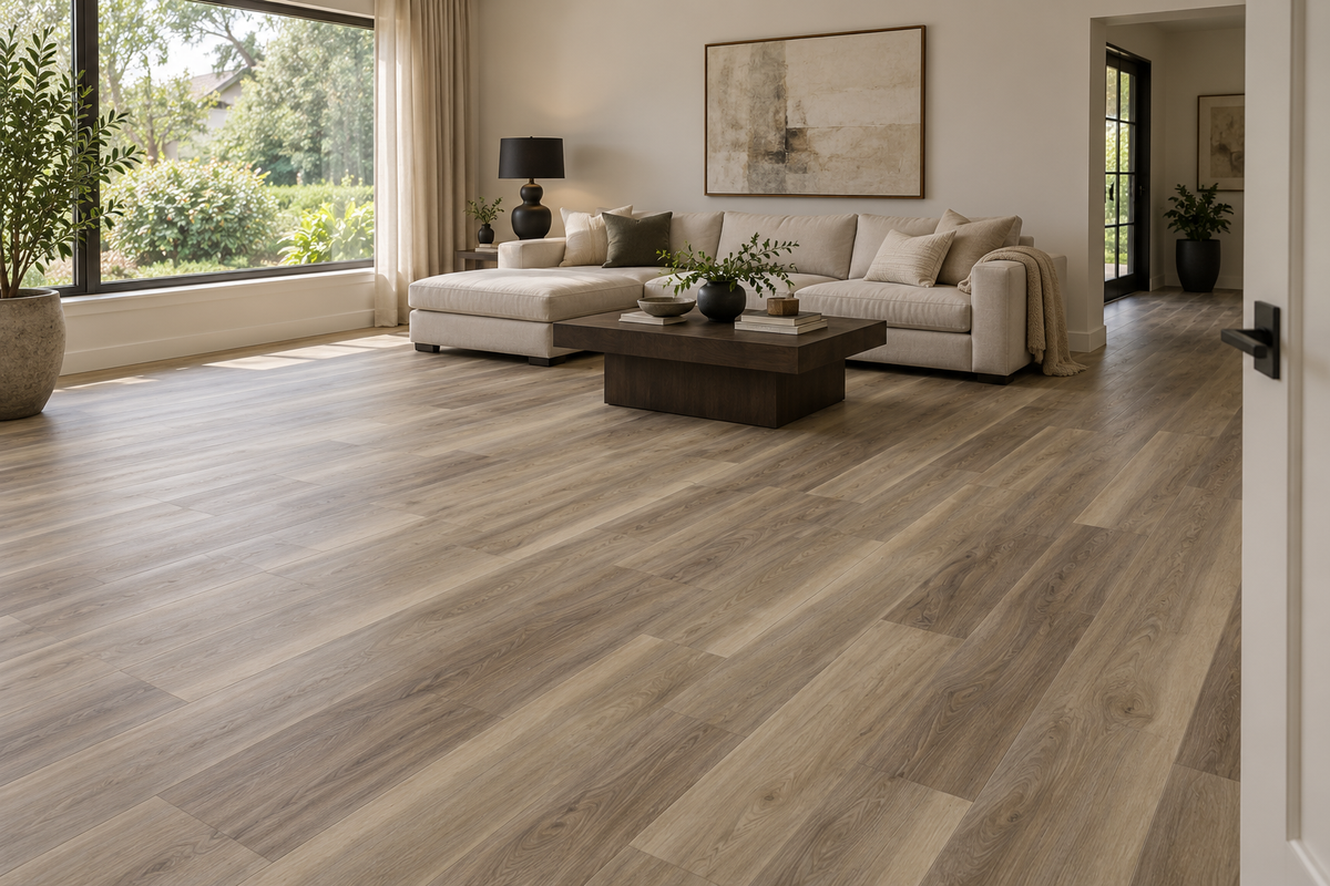 Milk Chai SPC Vinyl Flooring — TFSPC508-F — daytime living room. AI interior visualization based on original supplier finish photos.