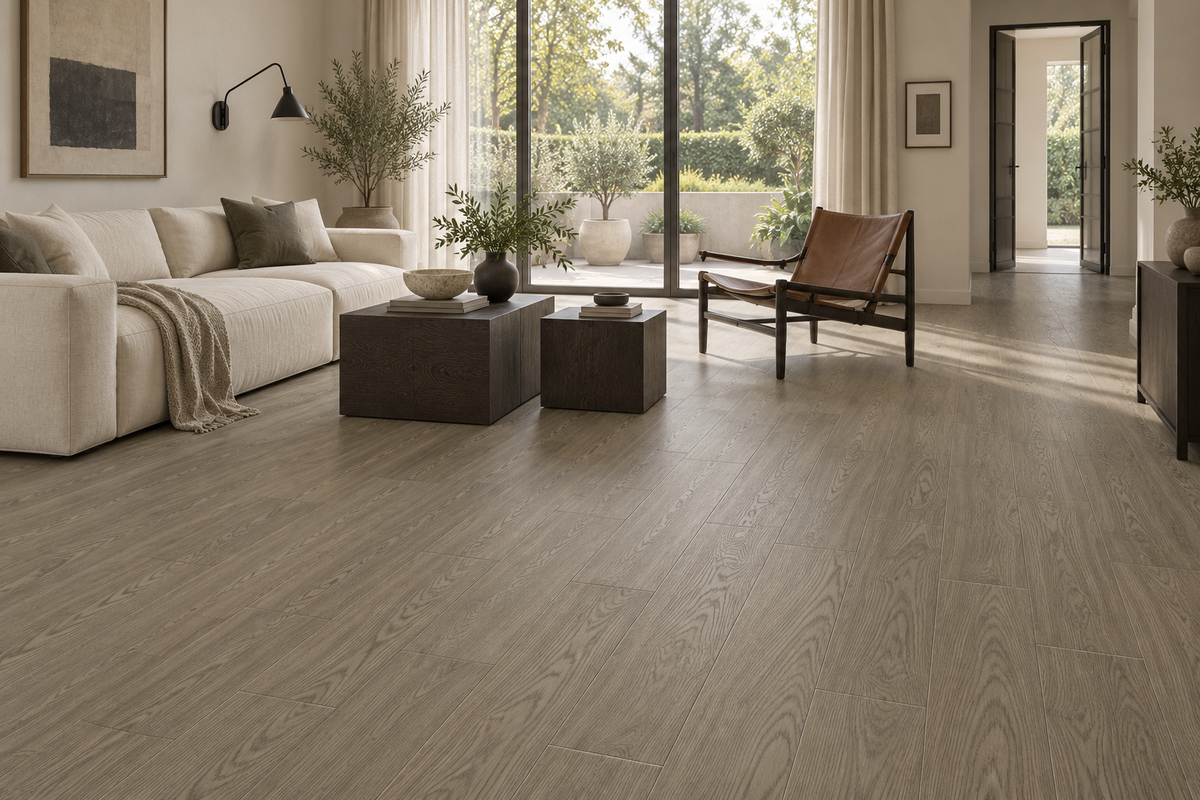 Rome SPC Vinyl Flooring — TFSPC602-F — daytime living room. AI interior visualization based on original supplier finish photos.