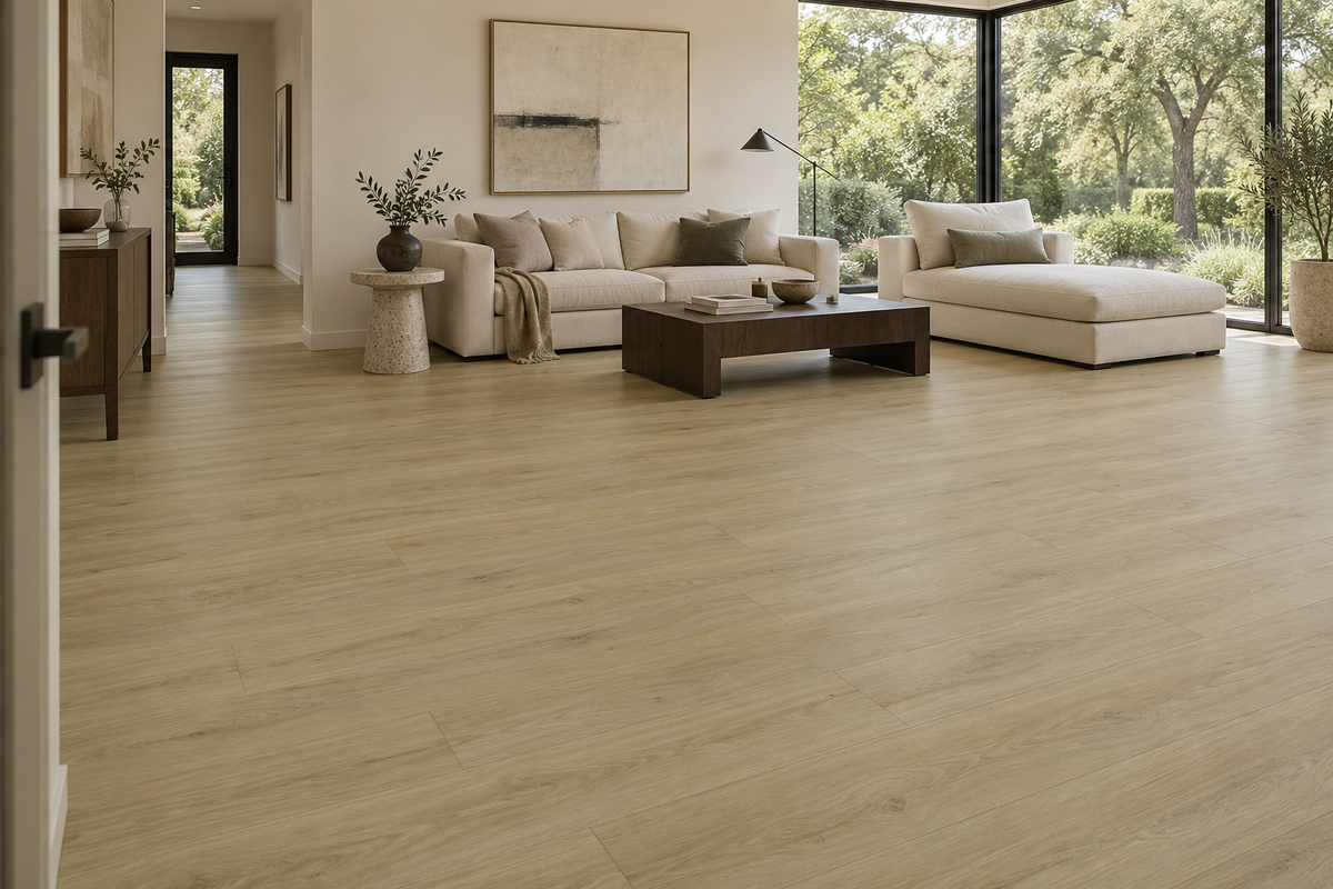 Madrid SPC Vinyl Flooring — TFSPC609-F — daytime living room. AI interior visualization based on original supplier finish photos.