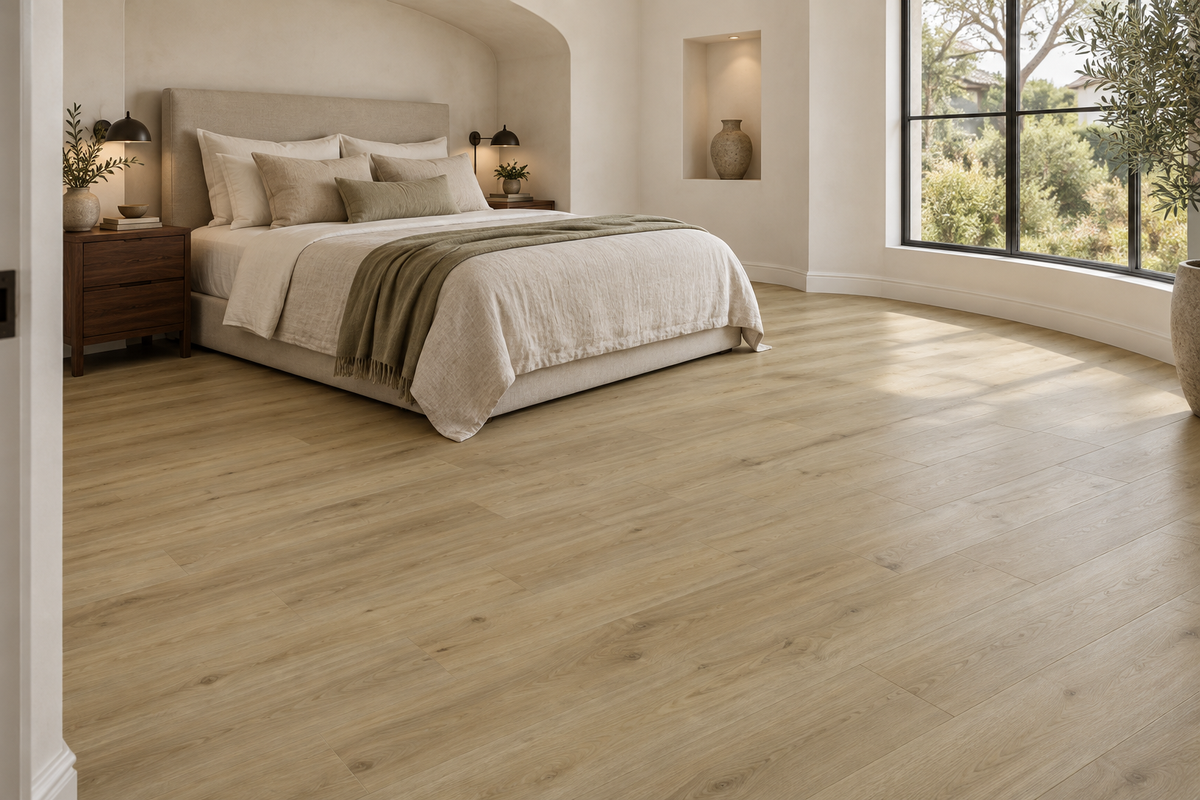 Athens SPC Vinyl Flooring — TFSPC610-F — daytime bedroom. AI interior visualization based on original supplier finish photos.