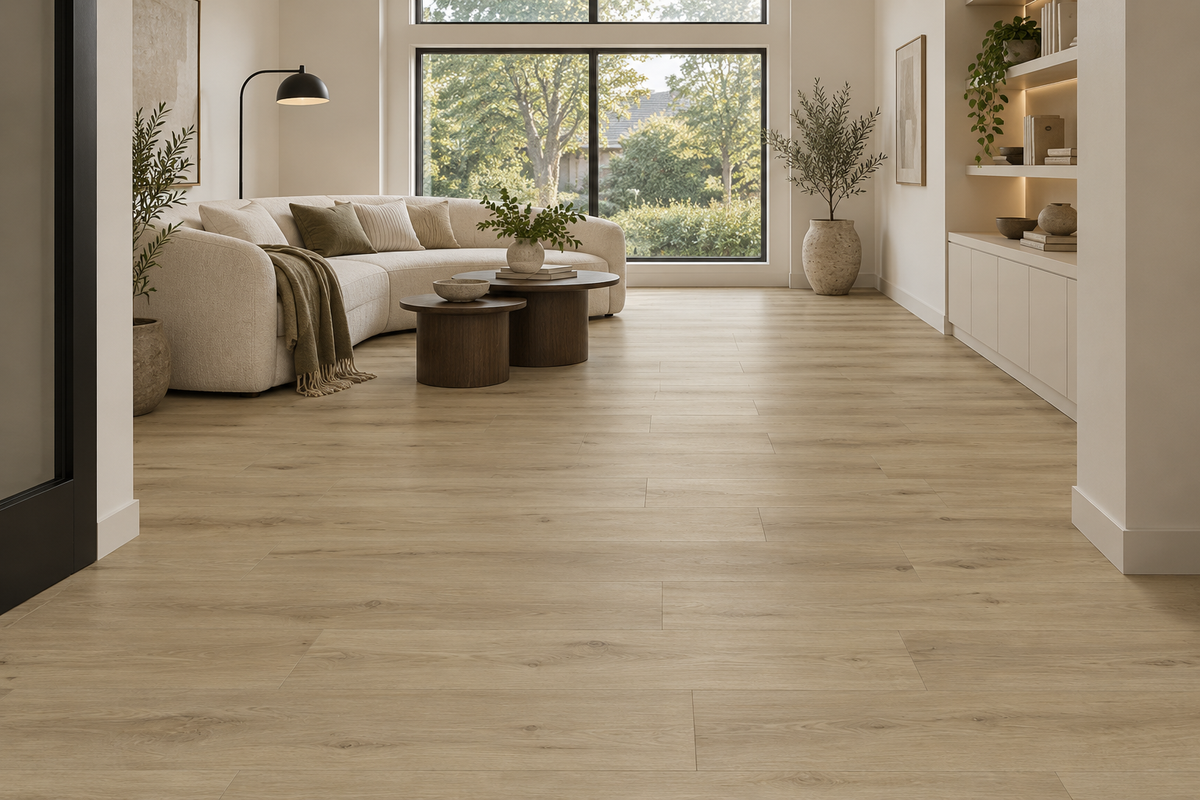 Athens SPC Vinyl Flooring — TFSPC610-F — daytime living room. AI interior visualization based on original supplier finish photos.
