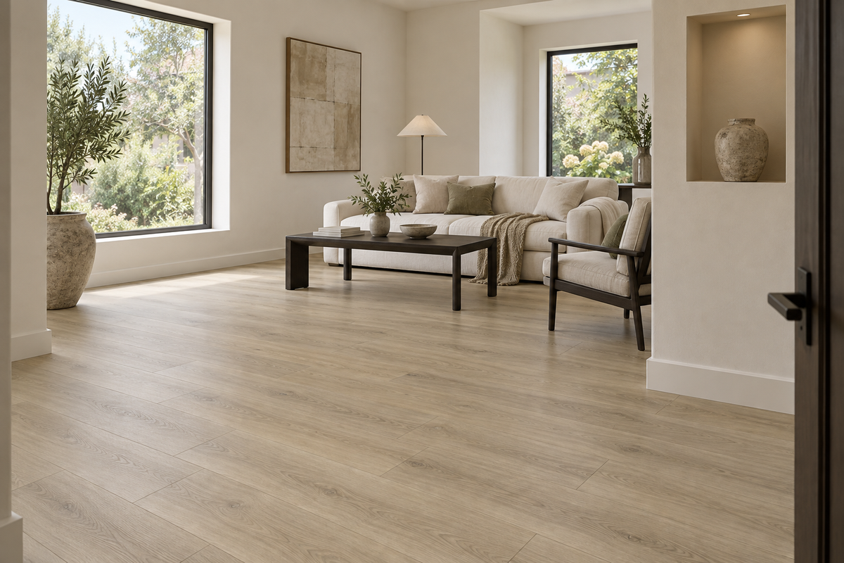 Boreal Light SPC Vinyl Flooring — TFSPC8605-F — daytime living room. AI interior visualization based on original supplier finish photos.