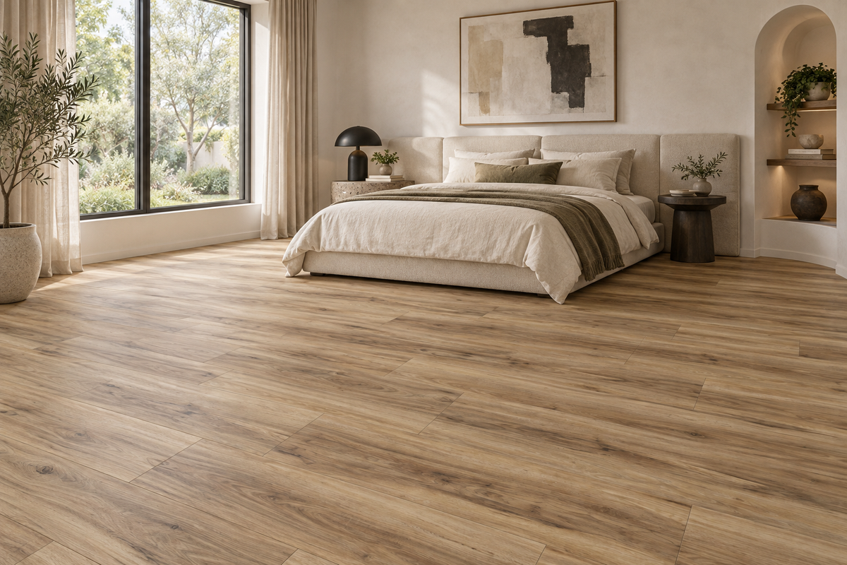 Birch Whisper SPC Vinyl Flooring — TFSPC8610-F — daytime bedroom. AI interior visualization based on original supplier finish photos.
