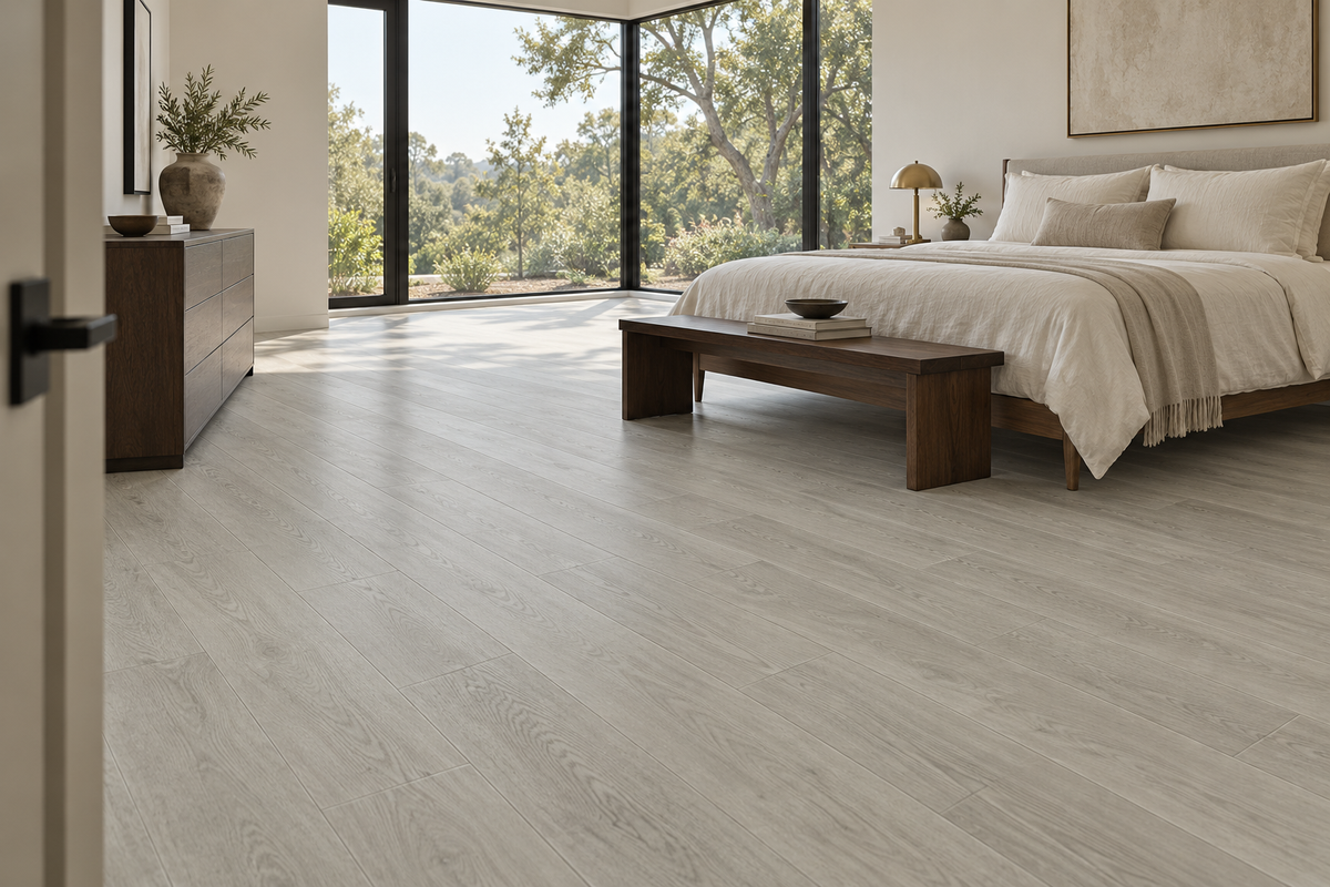 Patina Grey SPC Vinyl Flooring — TFSPC903-F — daytime bedroom. AI interior visualization based on original supplier finish photos.