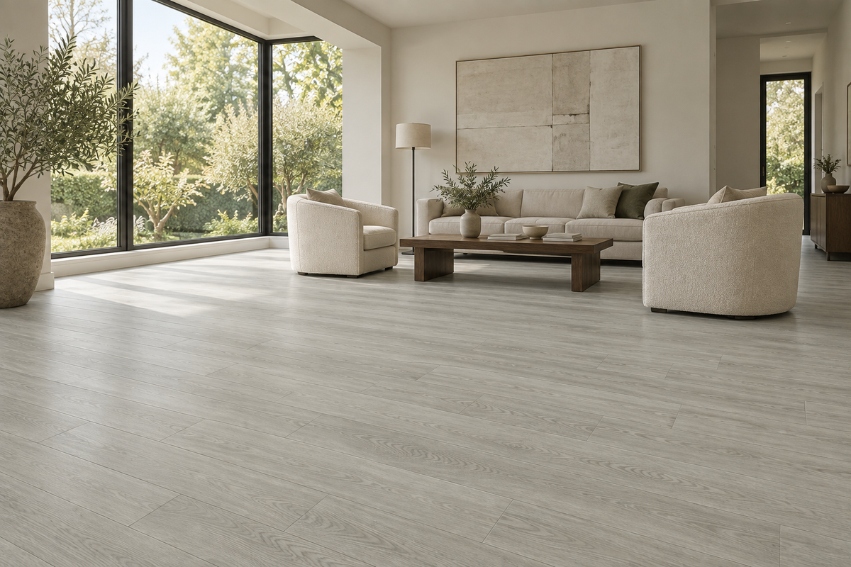 Patina Grey SPC Vinyl Flooring — TFSPC903-F — daytime living room. AI interior visualization based on original supplier finish photos.