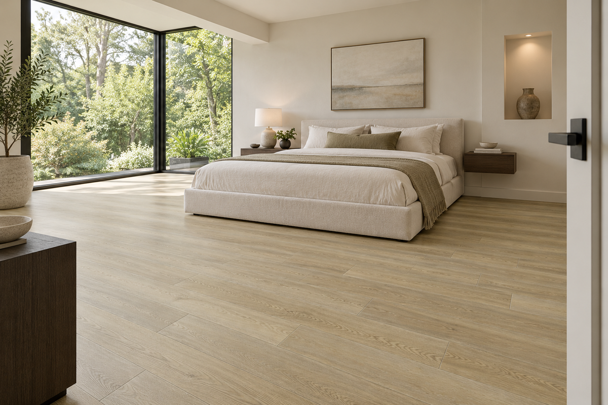 Century Oak SPC Vinyl Flooring — TFSPC910-F — daytime bedroom. AI interior visualization based on original supplier finish photos.