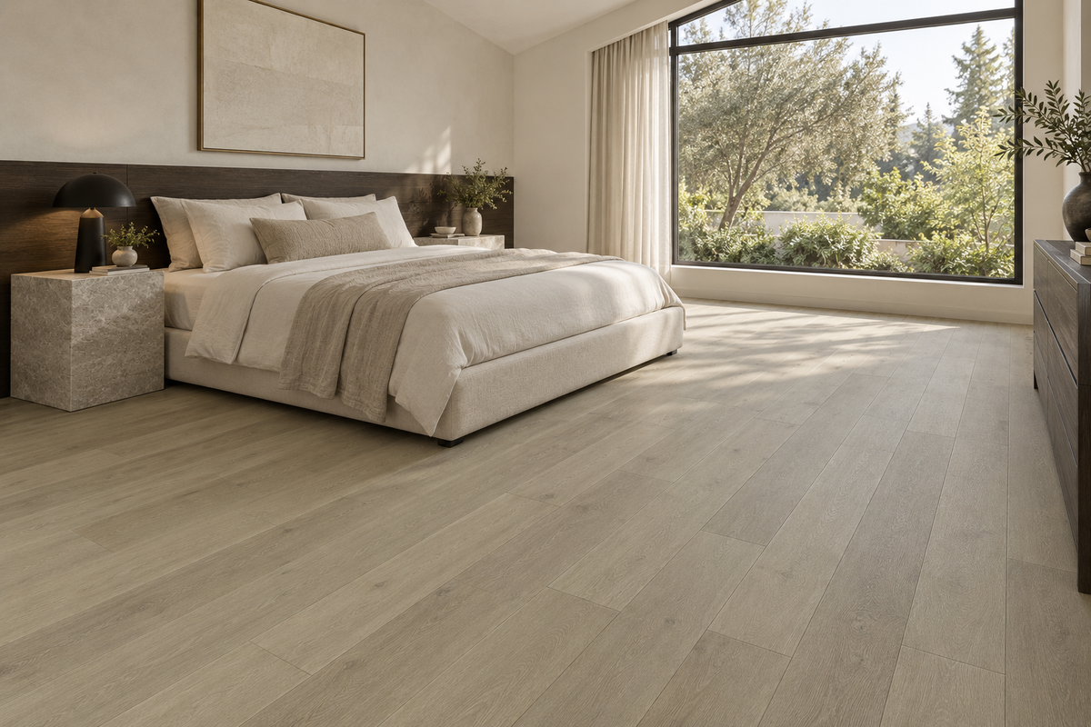 Sawn Oak SPC Vinyl Flooring — TFSPC911-F — daytime bedroom. AI interior visualization based on original supplier finish photos.