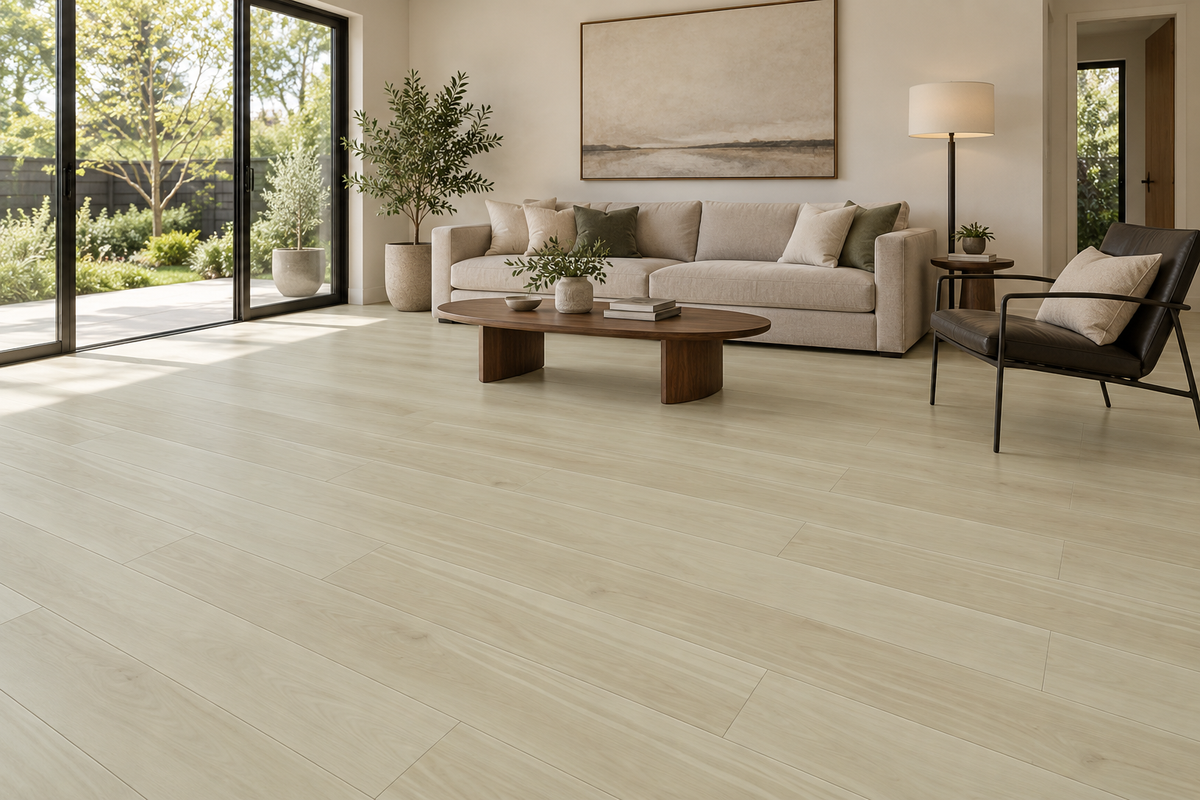 Windstorm SPC Vinyl Flooring — TFSPC912-F — daytime living room. AI interior visualization based on original supplier finish photos.