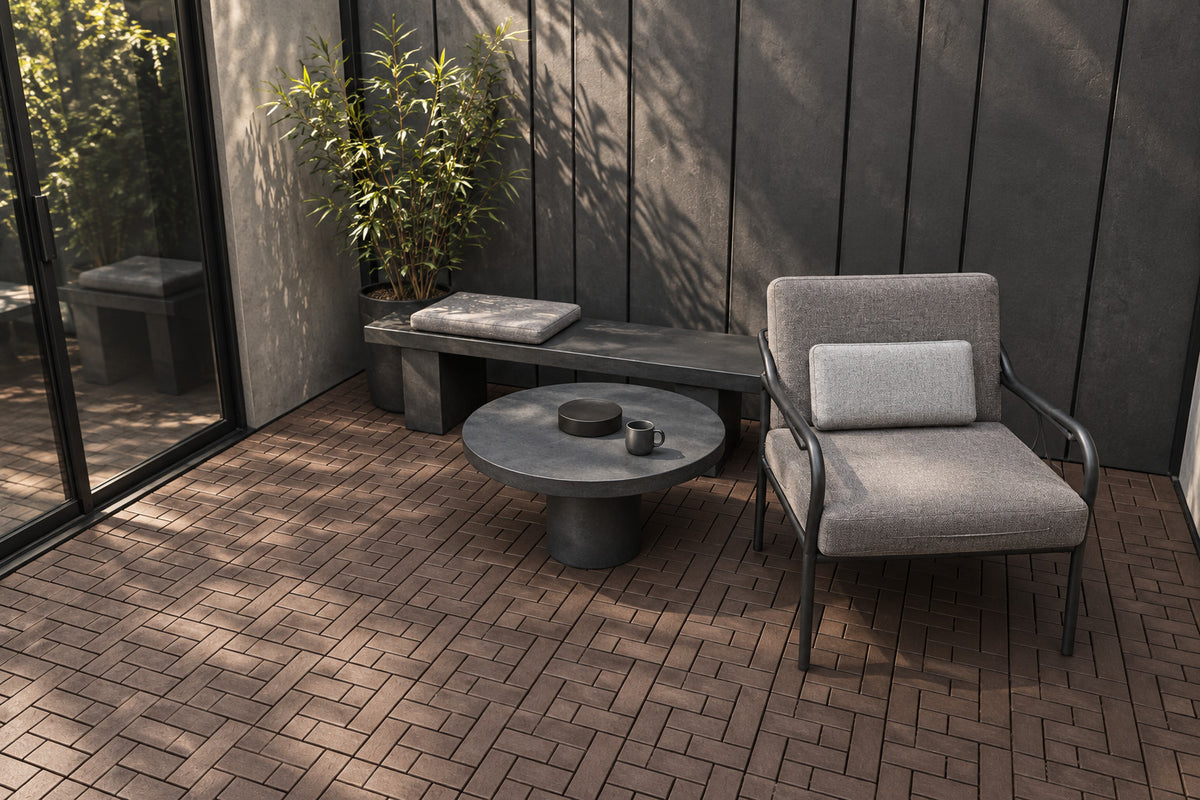 Brown interlocking composite deck tiles in a covered courtyard; AI installation visualization guided by the product’s 3D tile model.