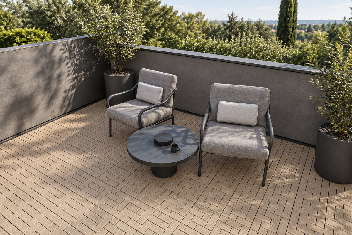Tan interlocking composite deck tiles in a garden terrace; AI installation visualization guided by the product’s 3D tile model.