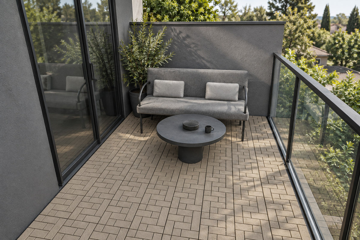 Tan interlocking composite deck tiles in a compact balcony; AI installation visualization guided by the product’s 3D tile model.
