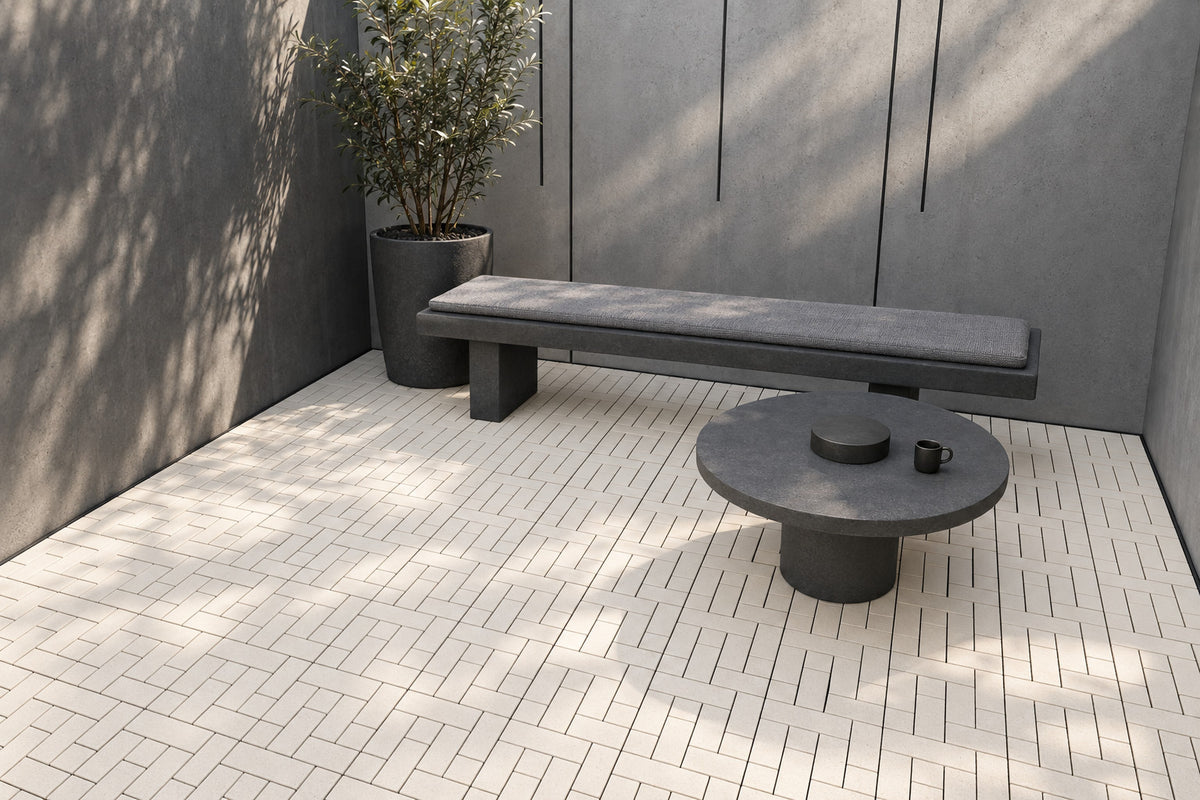 White Cream interlocking composite deck tiles in a minimalist courtyard; AI installation visualization guided by the product’s 3D tile model.