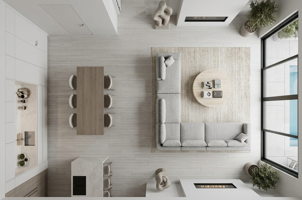 Cornsilk SPC vinyl flooring, overhead view of an open living, dining and kitchen area.