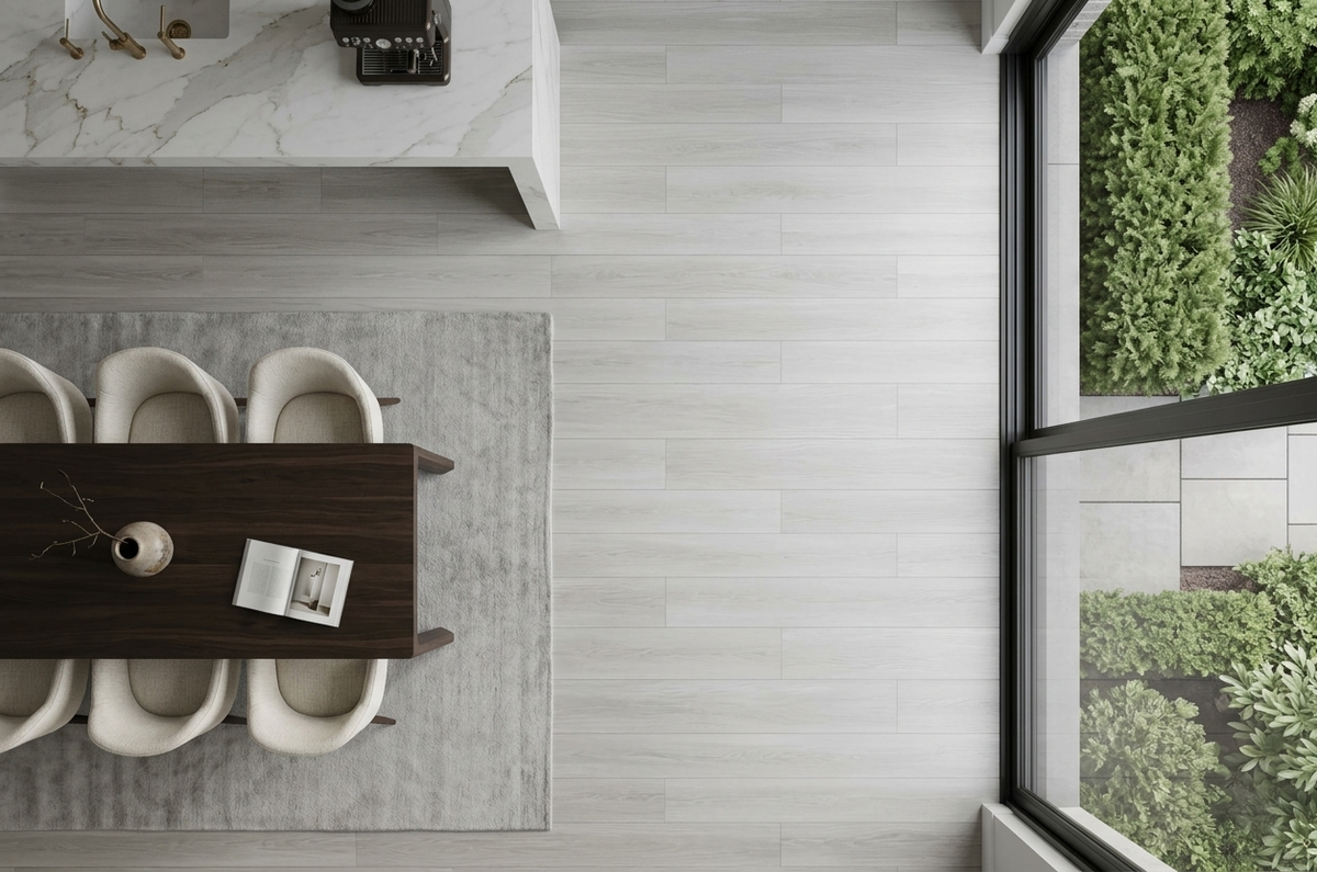 Cornsilk SPC vinyl flooring, overhead view beside a dark dining table and garden windows.