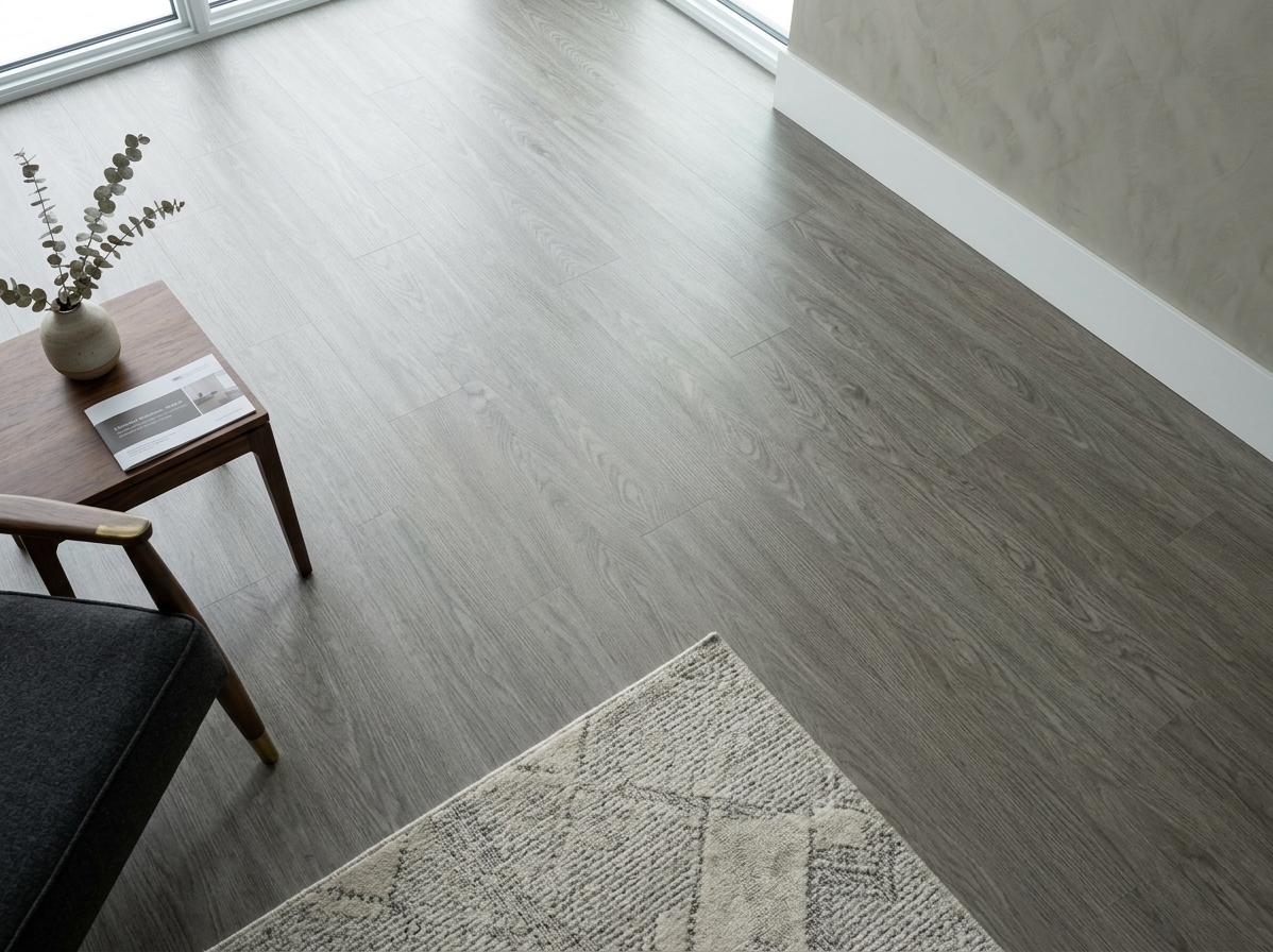 Everest SPC vinyl flooring, close view beside a side table, rug and window.