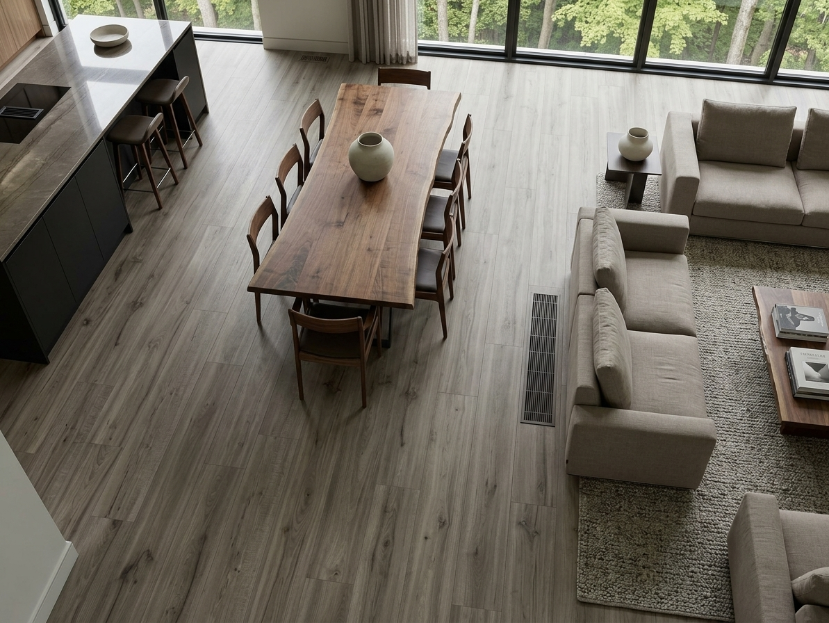 Pebble SPC vinyl flooring, shown in an open living and dining area.