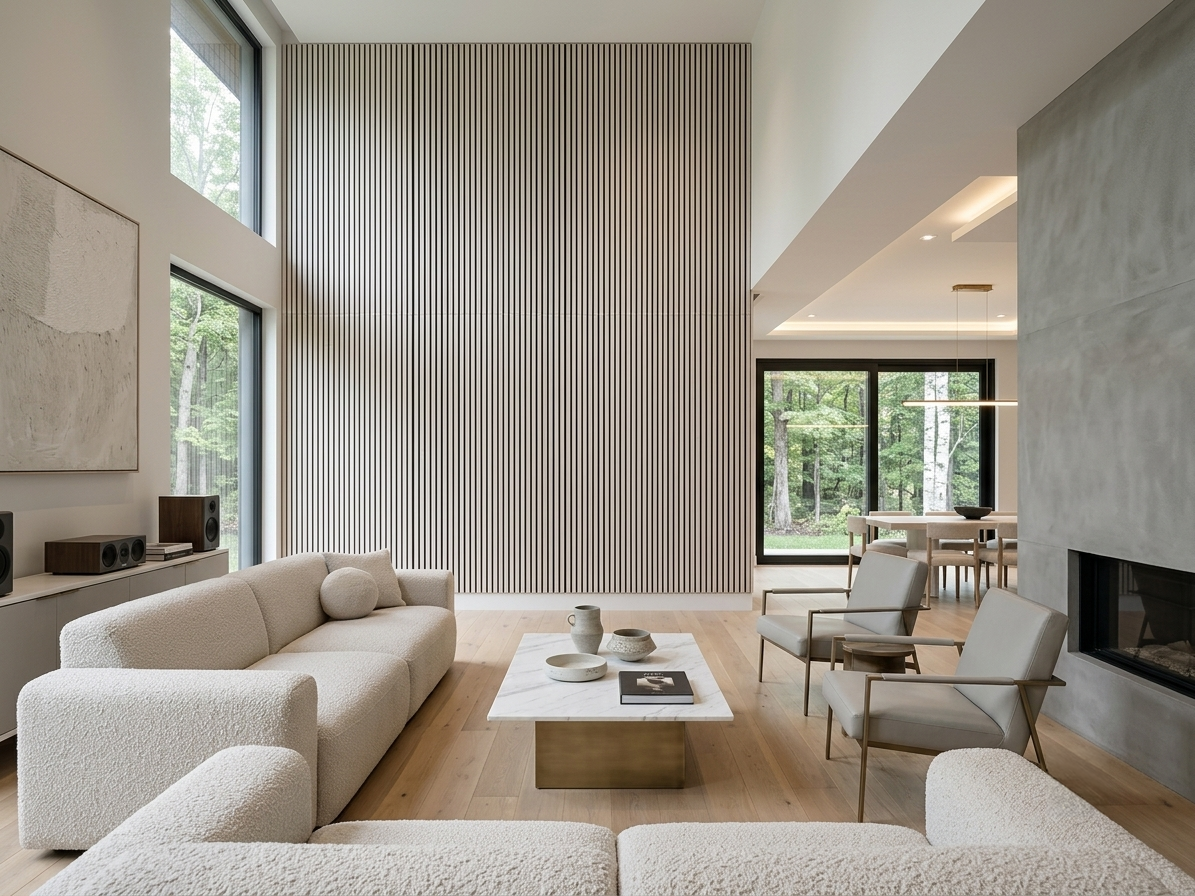 Piano white wood slat acoustic panels installed on a modern feature wall
