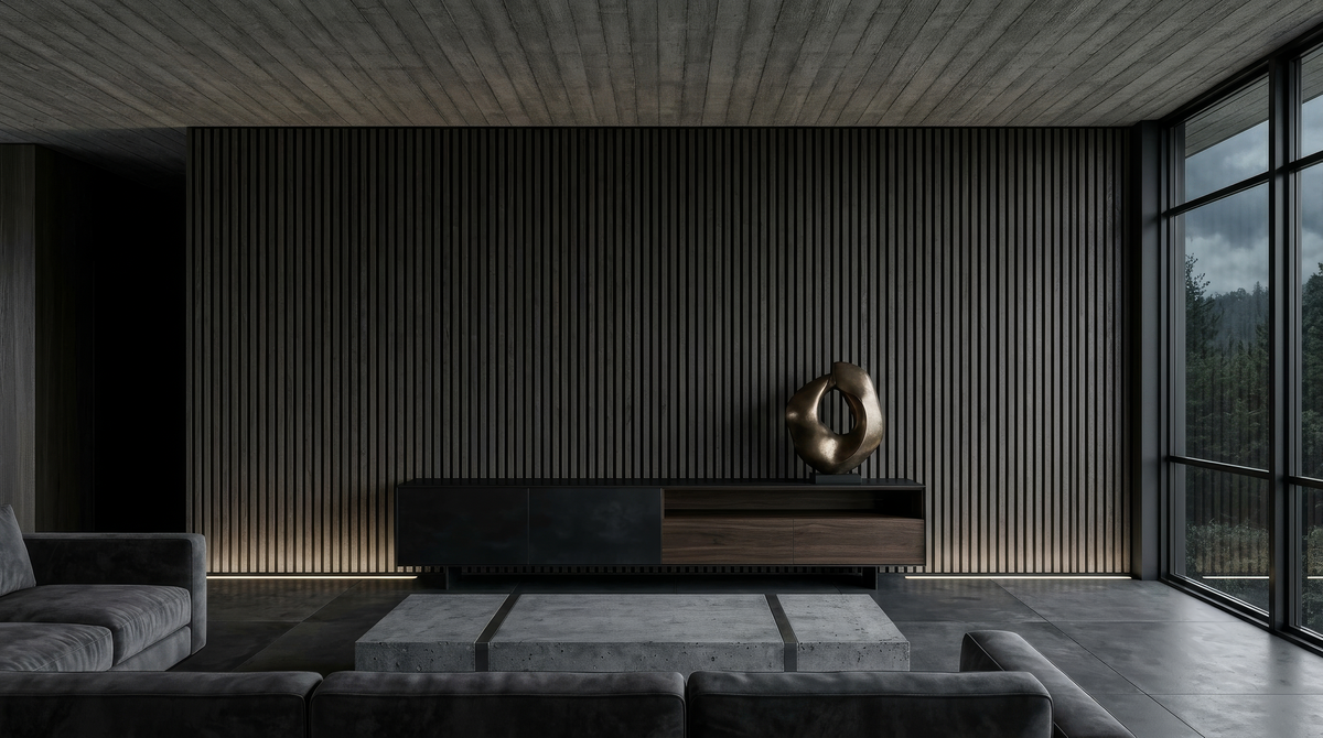 Neo Gray wood slat acoustic panels shown behind a low sideboard in a living room.