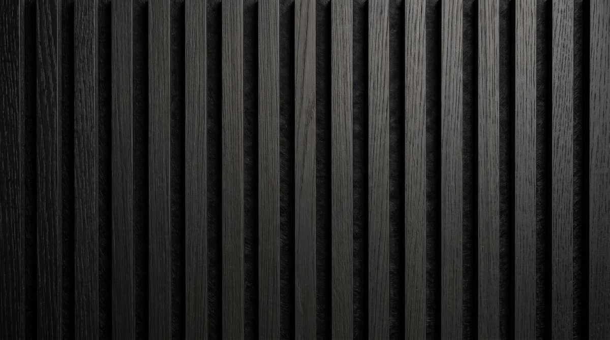 Neo Gray wood slat acoustic panels, close-up of the finish and gaps between slats.