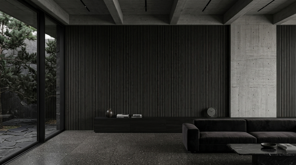 Neo Gray wood slat acoustic panels shown on a living-room feature wall beside a dark sofa.