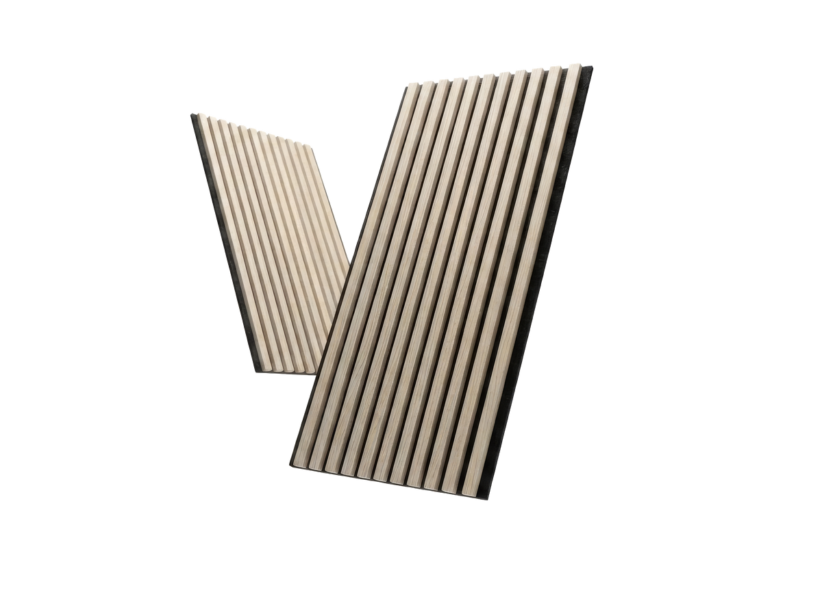 Classic natural-finish wood slat acoustic panels, angled product view.
