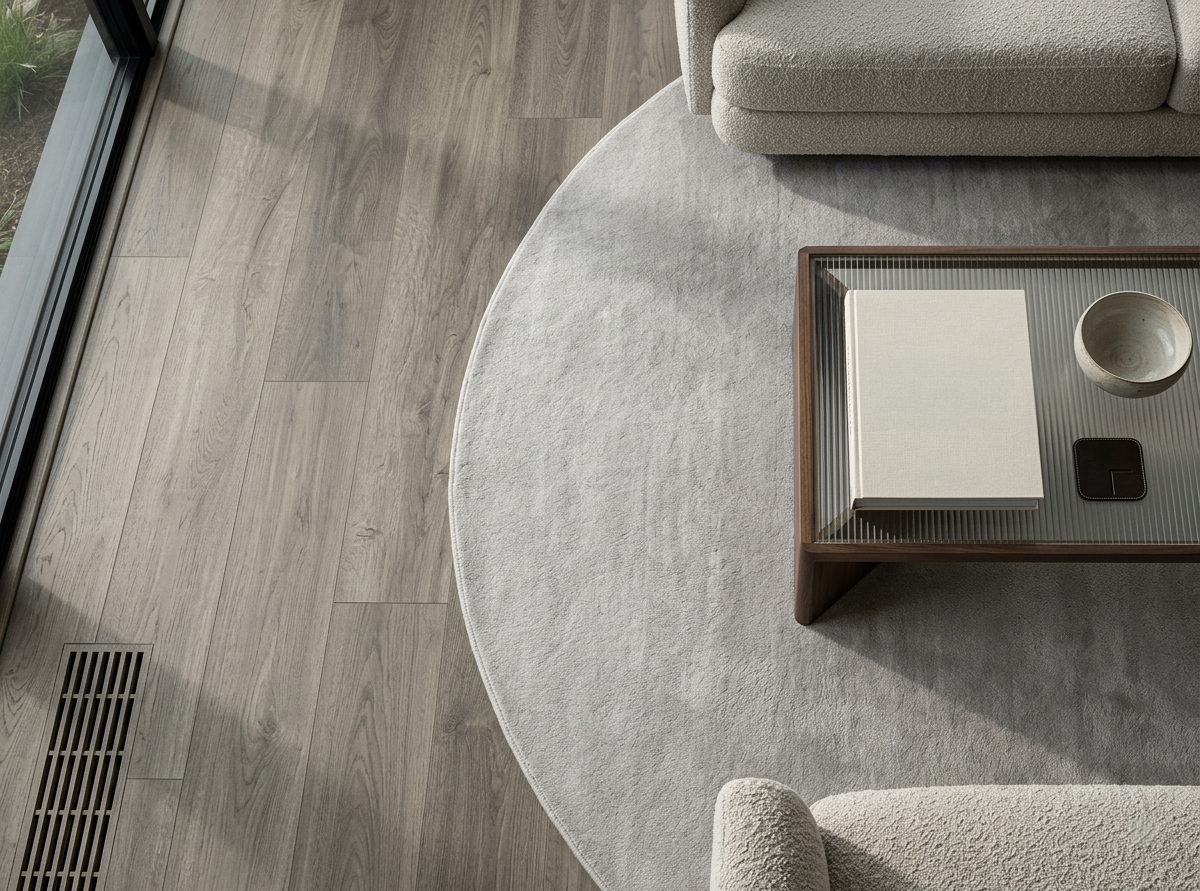 Congo SPC vinyl flooring, shown beside a round rug and glass coffee table.