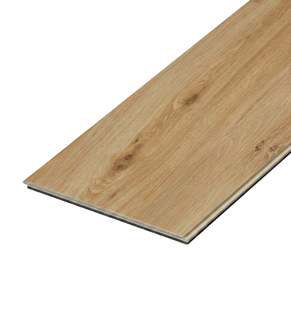 Caramel SPC vinyl flooring, single plank shown at an angle.
