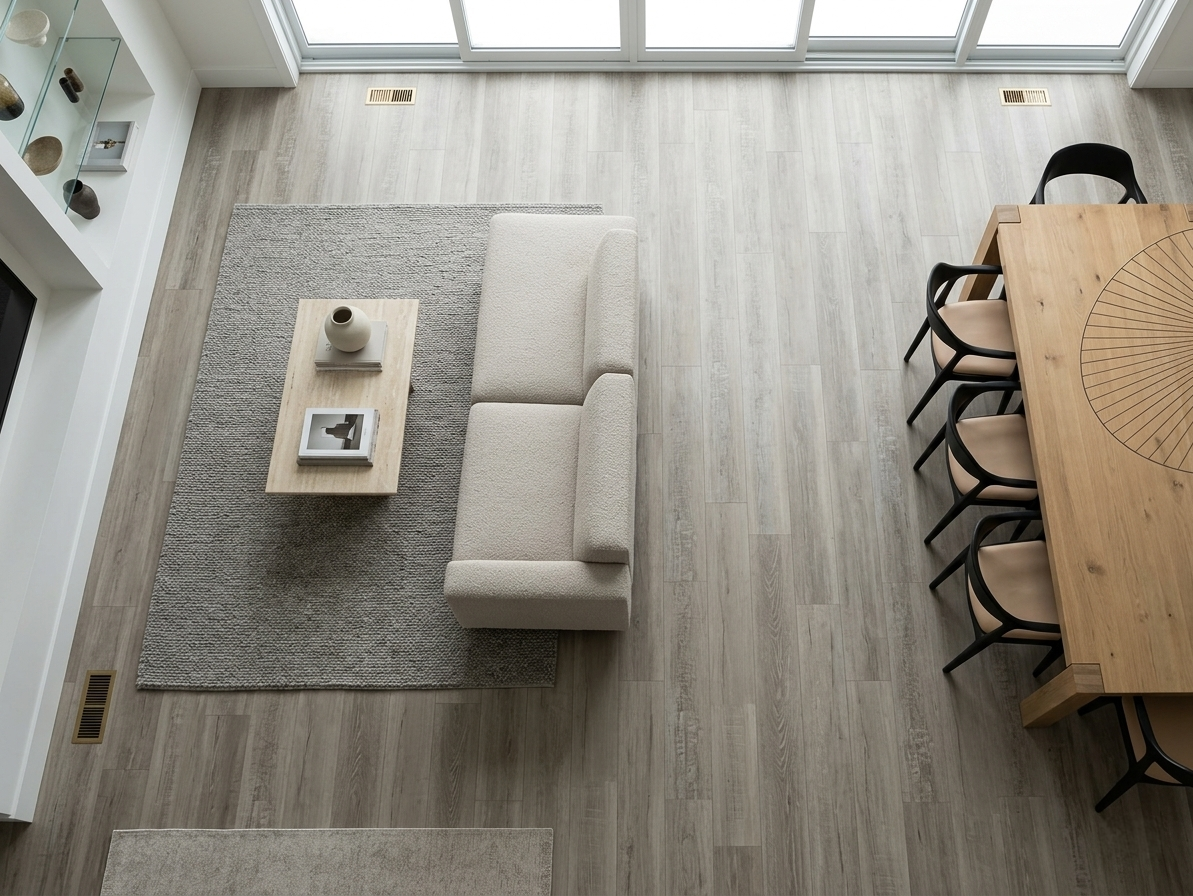 Dentine SPC vinyl flooring, overhead view of a living and dining area with a white sofa.