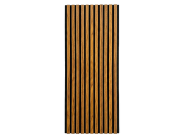 Vintage walnut-finish wood slat acoustic panel, full front view.