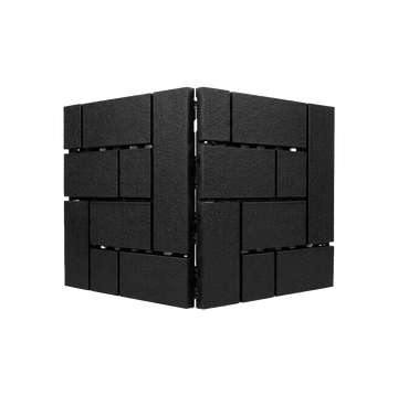 Angled product view of black interlocking composite deck tiles.