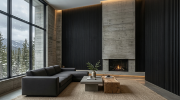 Night wood slat acoustic panels shown in a living room beside a fireplace.