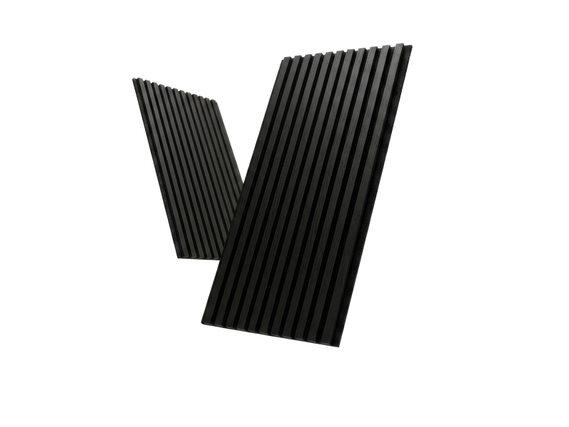 Night black wood slat acoustic panels, angled product view.