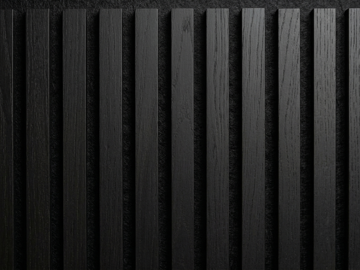 Night wood slat acoustic panels, close-up of the black finish and gaps between slats.