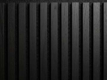 Night wood slat acoustic panels, close-up of the black finish and gaps between slats.