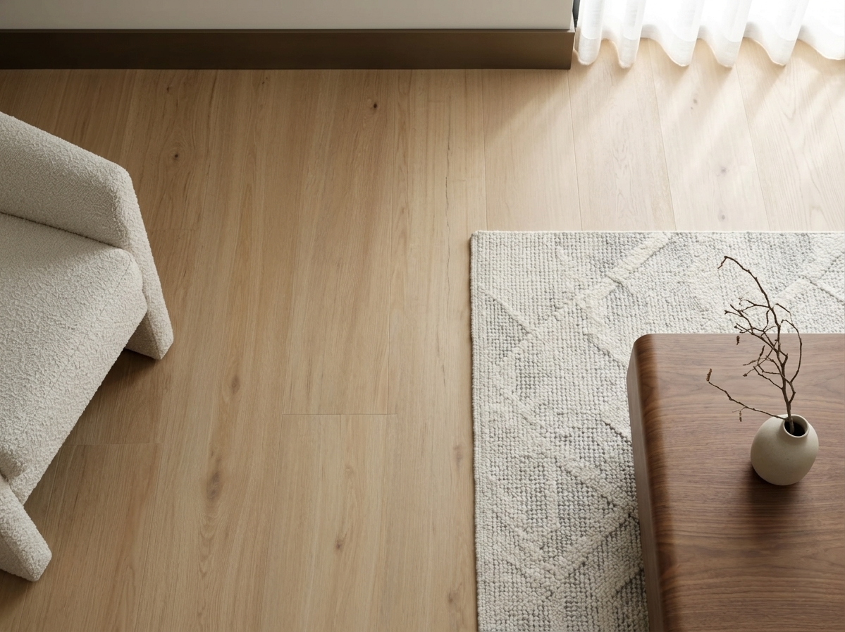 Caramel SPC vinyl flooring, shown beside a sofa, rug and wooden coffee table.