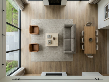 Cashmere SPC vinyl flooring, overhead view of a living and dining area.
