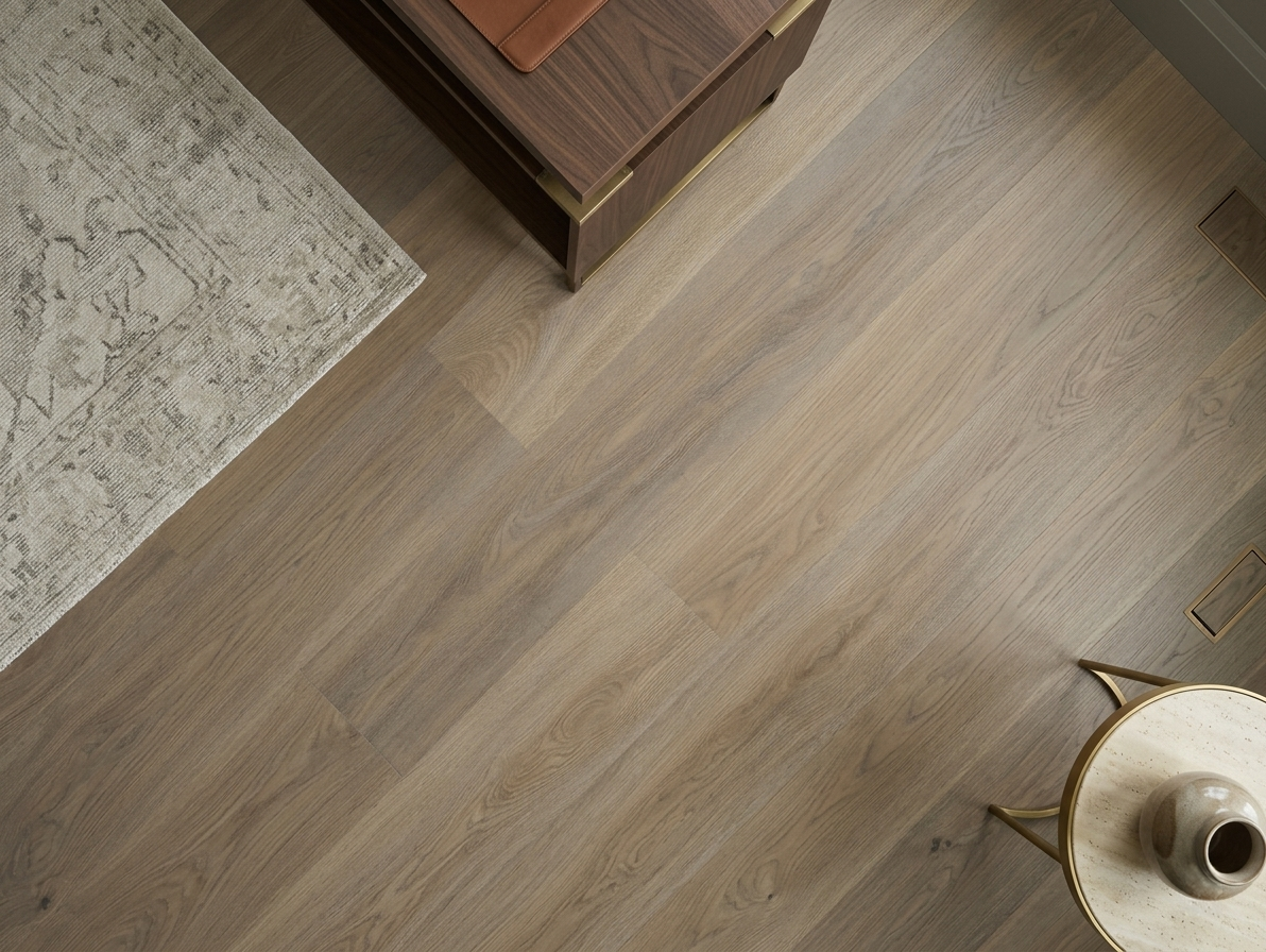 Cashmere SPC vinyl flooring, close view beside a rug and wooden coffee table.