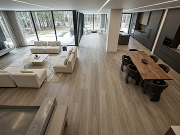 Cashmere SPC vinyl flooring, shown throughout an open living, dining and kitchen area.