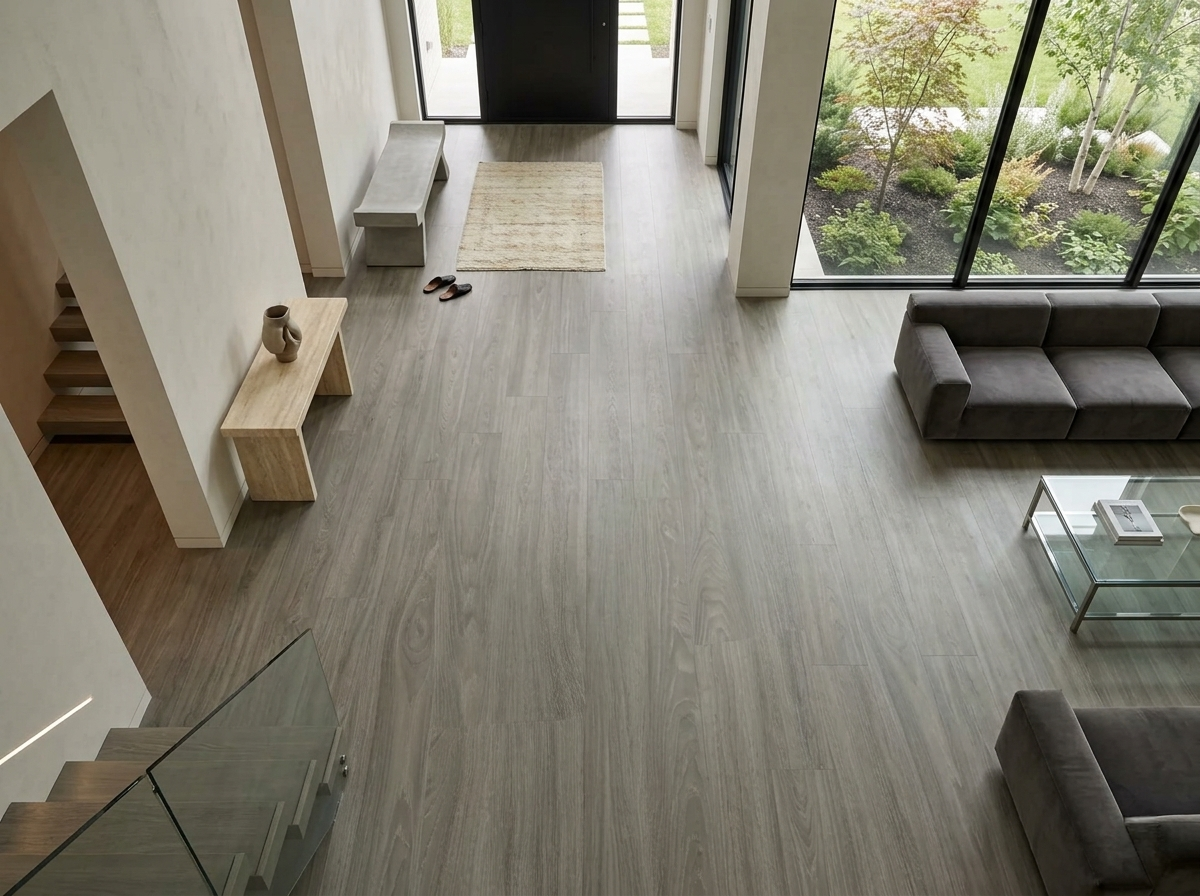 Cathedral SPC vinyl flooring, shown across an entryway and living room.