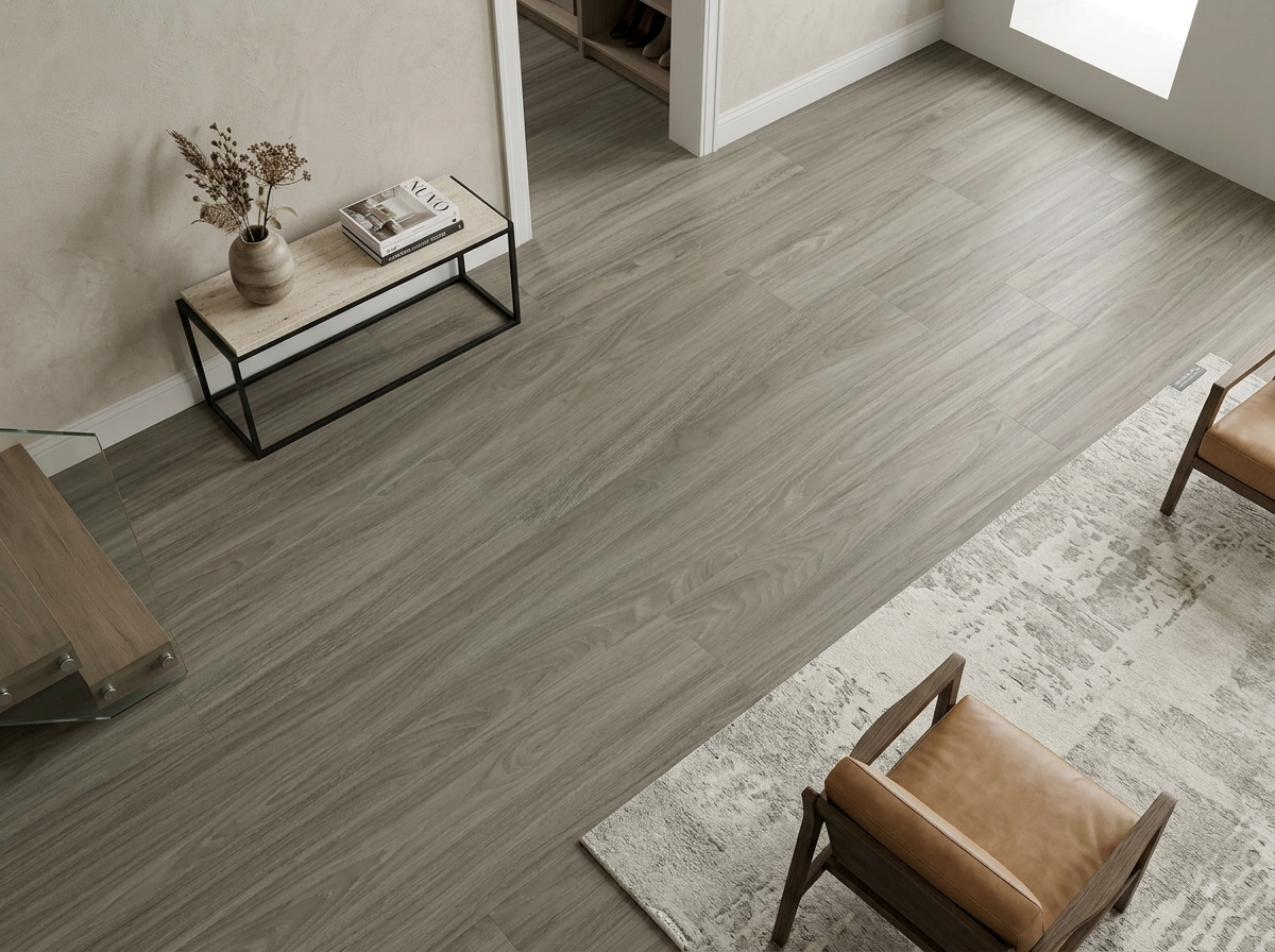 Cathedral SPC vinyl flooring, shown beside a console table and lounge chair.