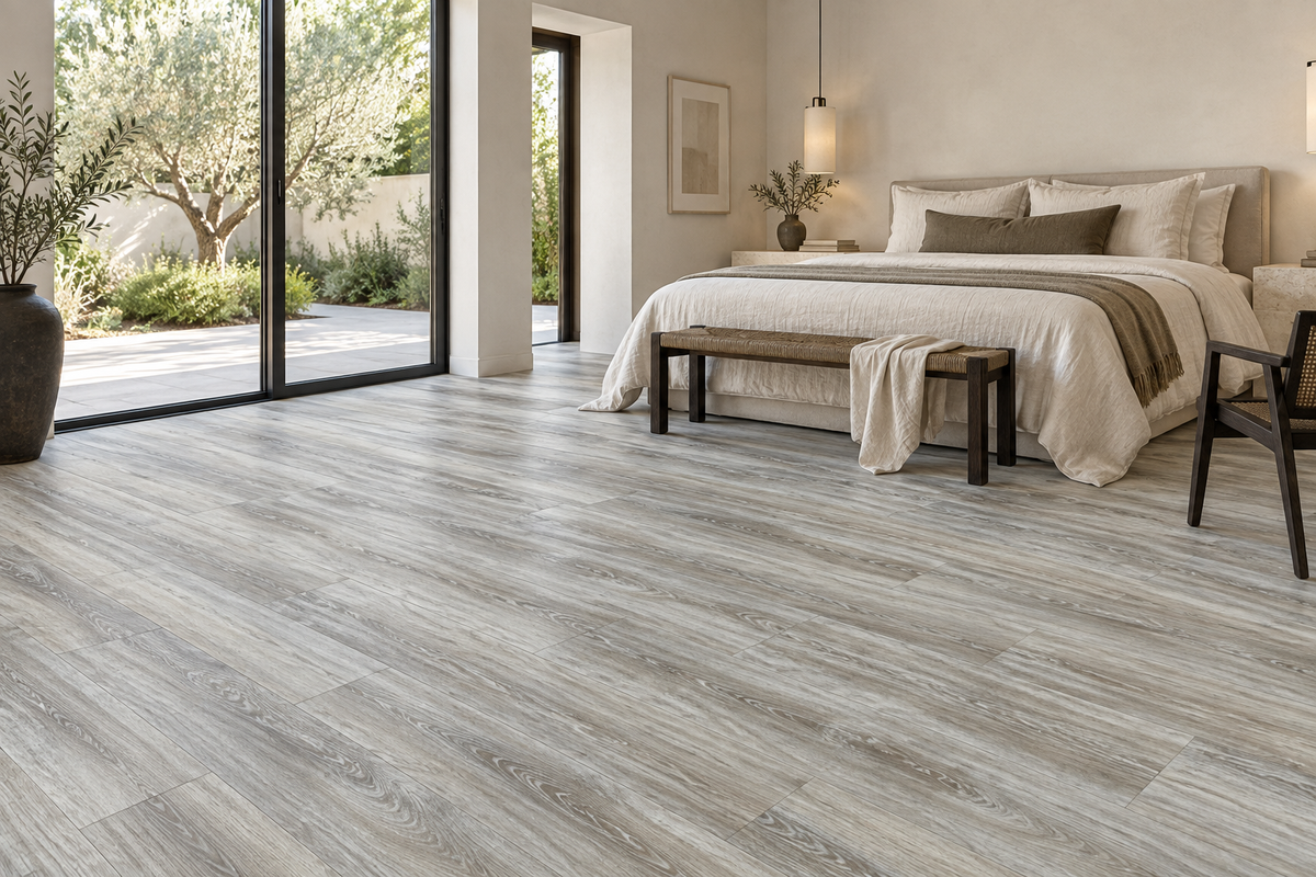 Blizzard Light Grey Waterproof SPC Vinyl Plank Flooring — TFSPC103p-F — daytime bedroom. AI interior visualization based on original supplier finish photos.