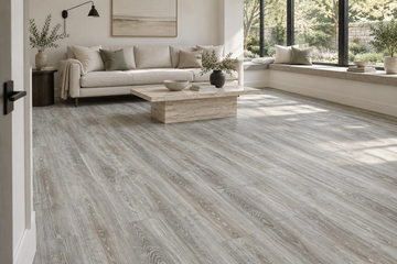Blizzard Light Grey Waterproof SPC Vinyl Plank Flooring — TFSPC103p-F — daytime living room. AI interior visualization based on original supplier finish photos.