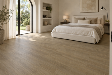 Cashmere Light Natural Waterproof SPC Vinyl Plank Flooring — TFSPC251-F — daytime bedroom. AI interior visualization based on original supplier finish photos.