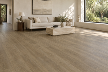 Cashmere Light Natural Waterproof SPC Vinyl Plank Flooring — TFSPC251-F — daytime living room. AI interior visualization based on original supplier finish photos.