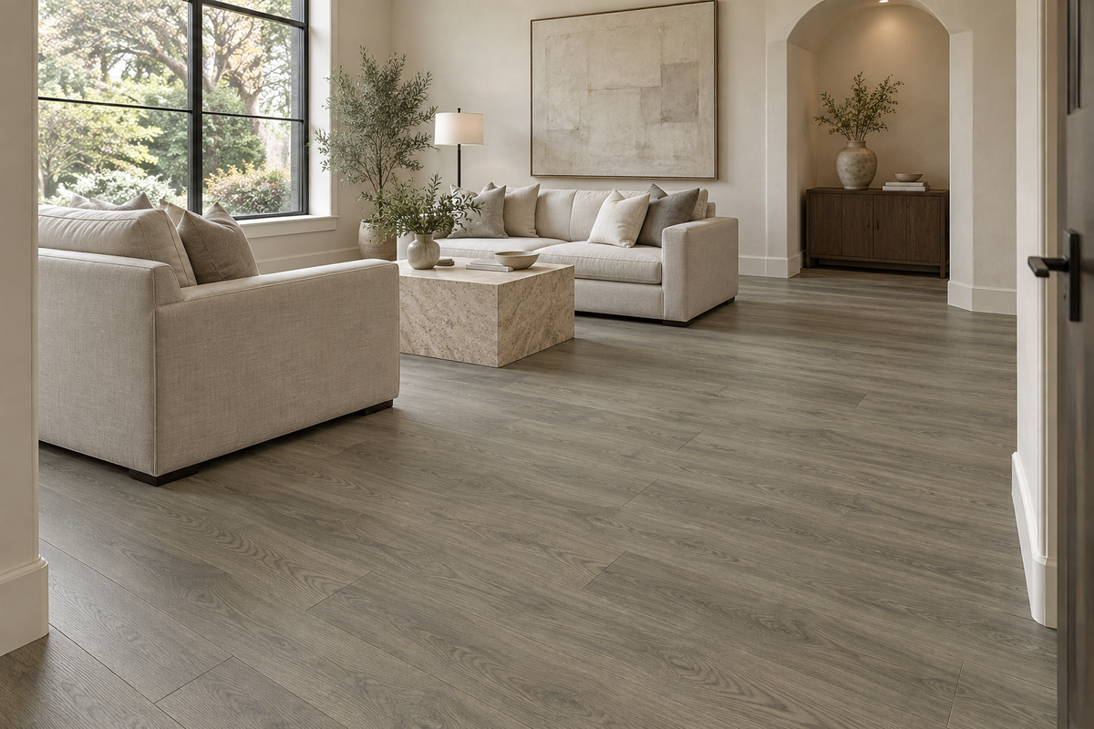 Congo Light Grey Waterproof SPC Vinyl Plank Flooring — TFSPC253-F — daytime living room. AI interior visualization based on original supplier finish photos.