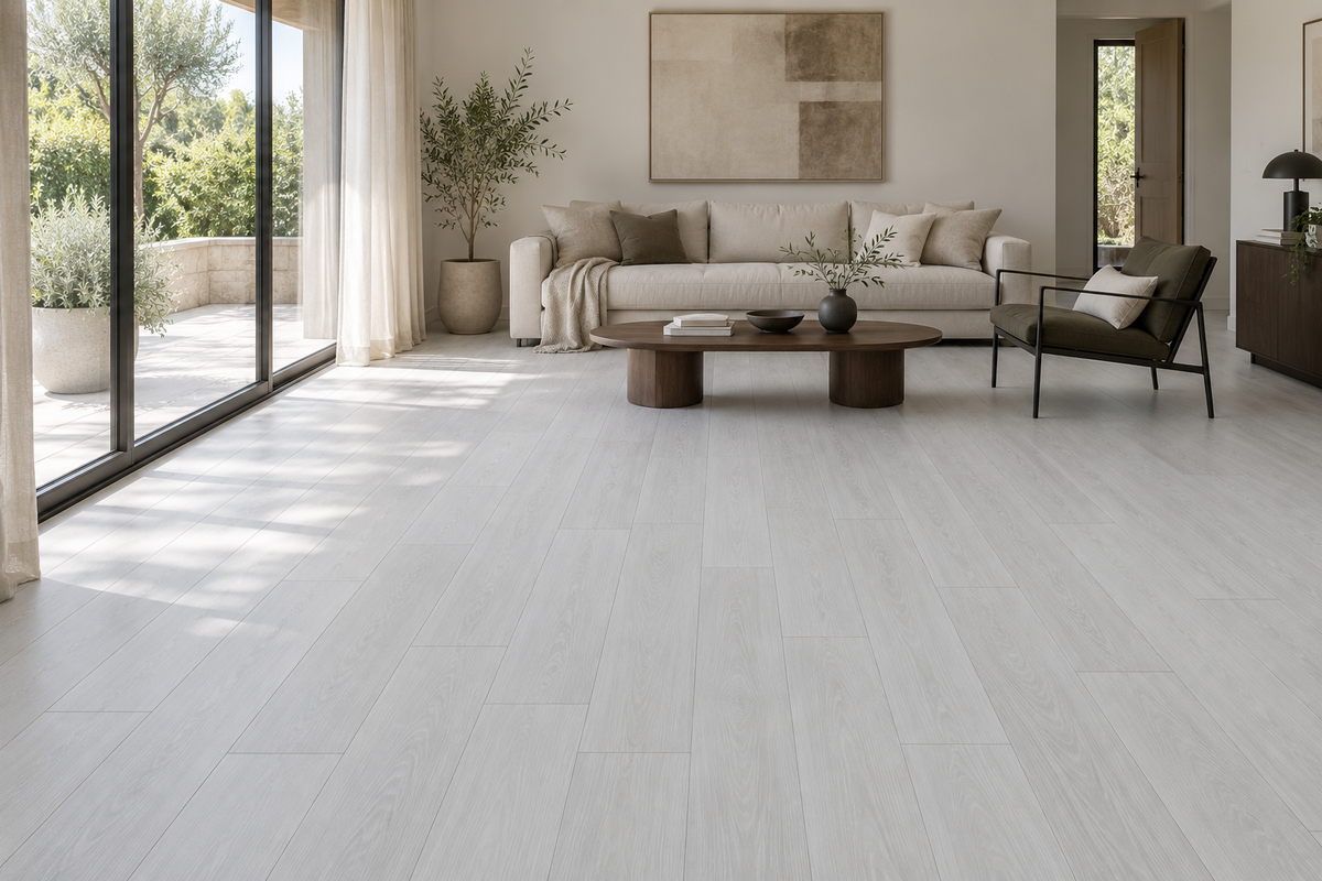 Cornsilk Light Grey Waterproof SPC Vinyl Plank Flooring — TFSPC265-F — daytime living room. AI interior visualization based on original supplier finish photos.